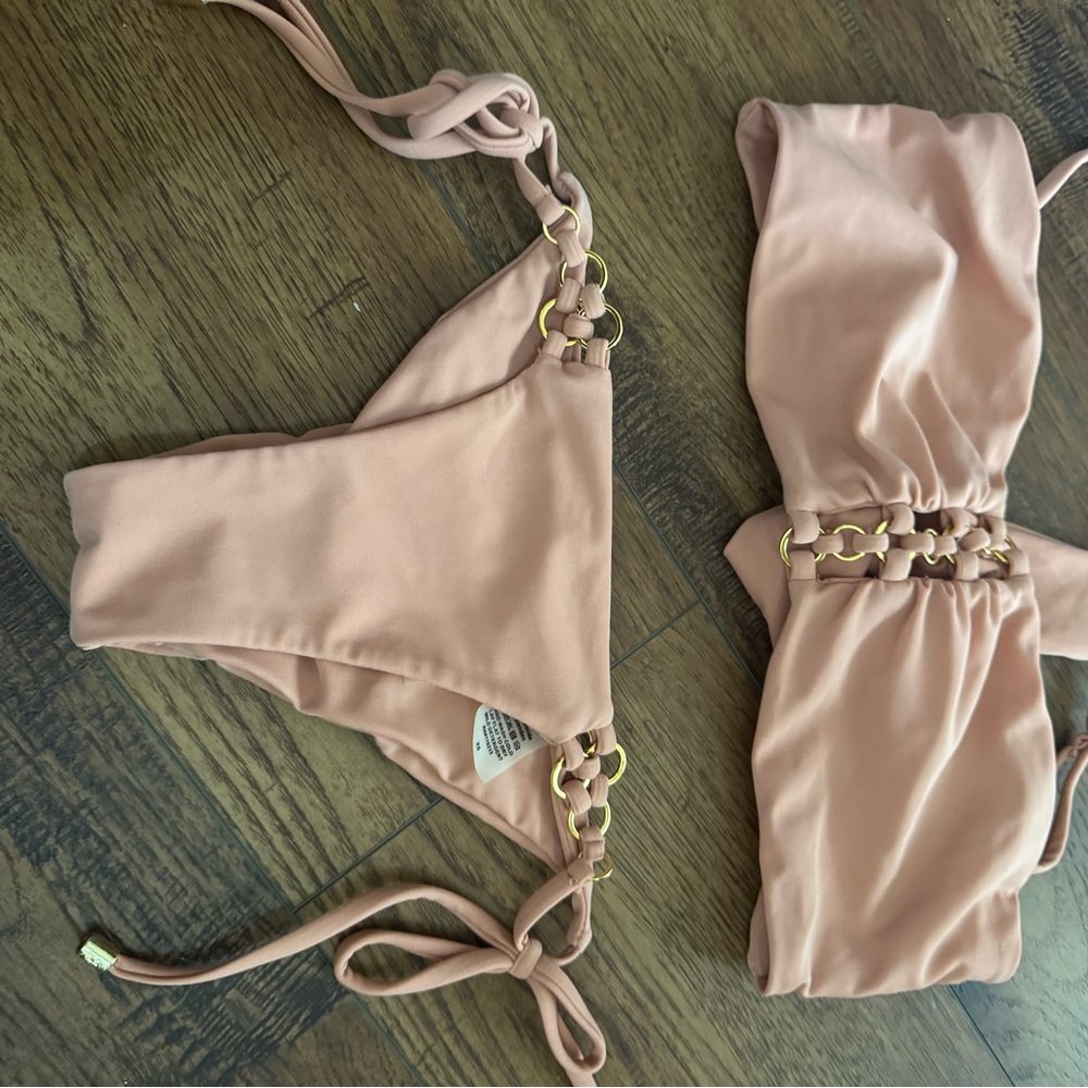 Beach Bunny tan Swimsuit with Gold Chain Accents
